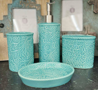 The Attic Boutique Savannah Ceramic Countertop Bathroom Se in Turquoise, 4PC, Bathroom Accessory - The Attic Boutique