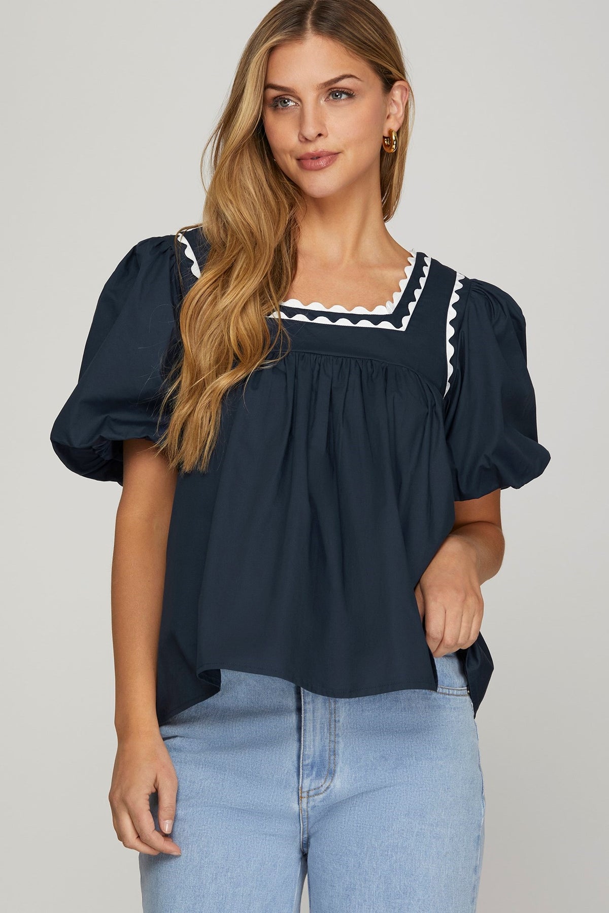 She + Sky Poplin Baby Doll Top  - The Attic Boutique