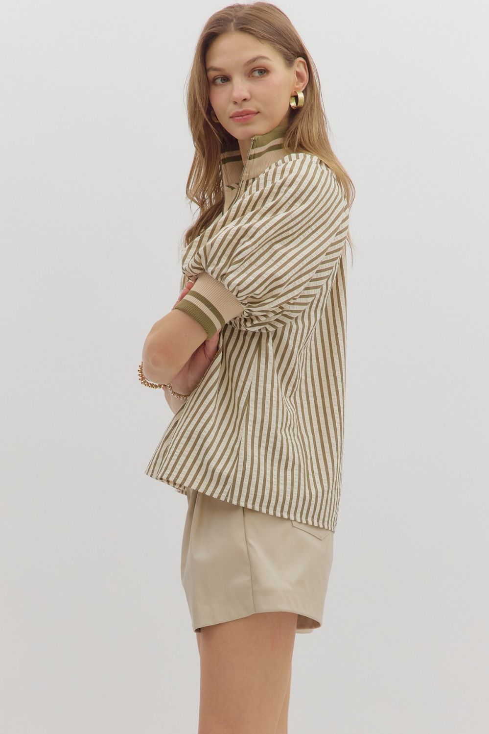 Entro Olive Half- Zip Top  - The Attic Boutique