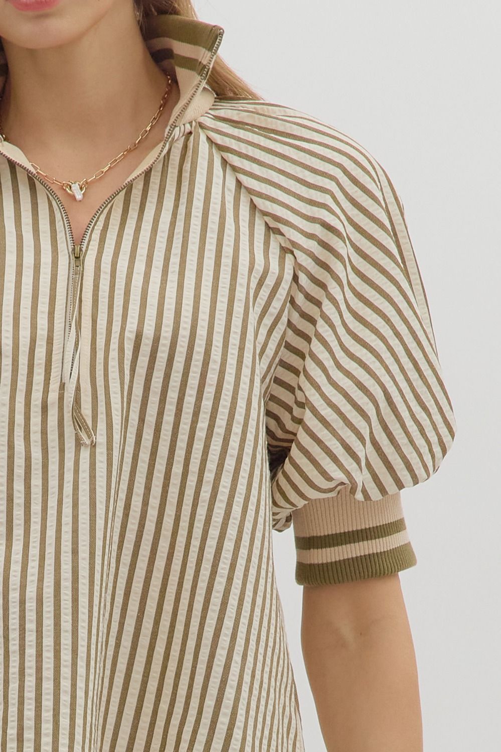 Entro Olive Half- Zip Top  - The Attic Boutique