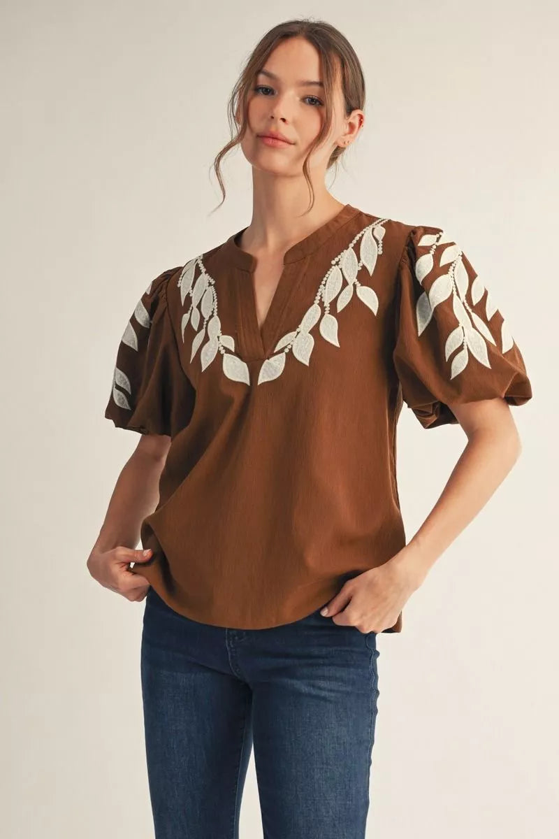 Hazel Brown Embroidered Top