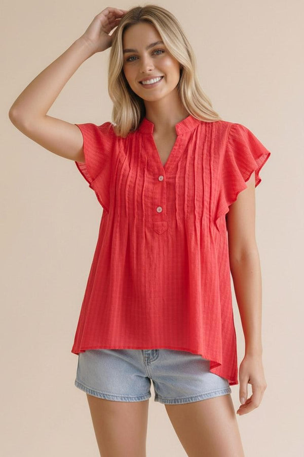 The Attic Boutique Red Button Down Pintuck Top Apparel & Accessories - The Attic Boutique