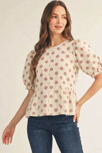 Pink Polka Dot Puff Sleeve Top