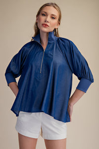 The Attic Boutique Indigo Half Zip Blouse  - The Attic Boutique