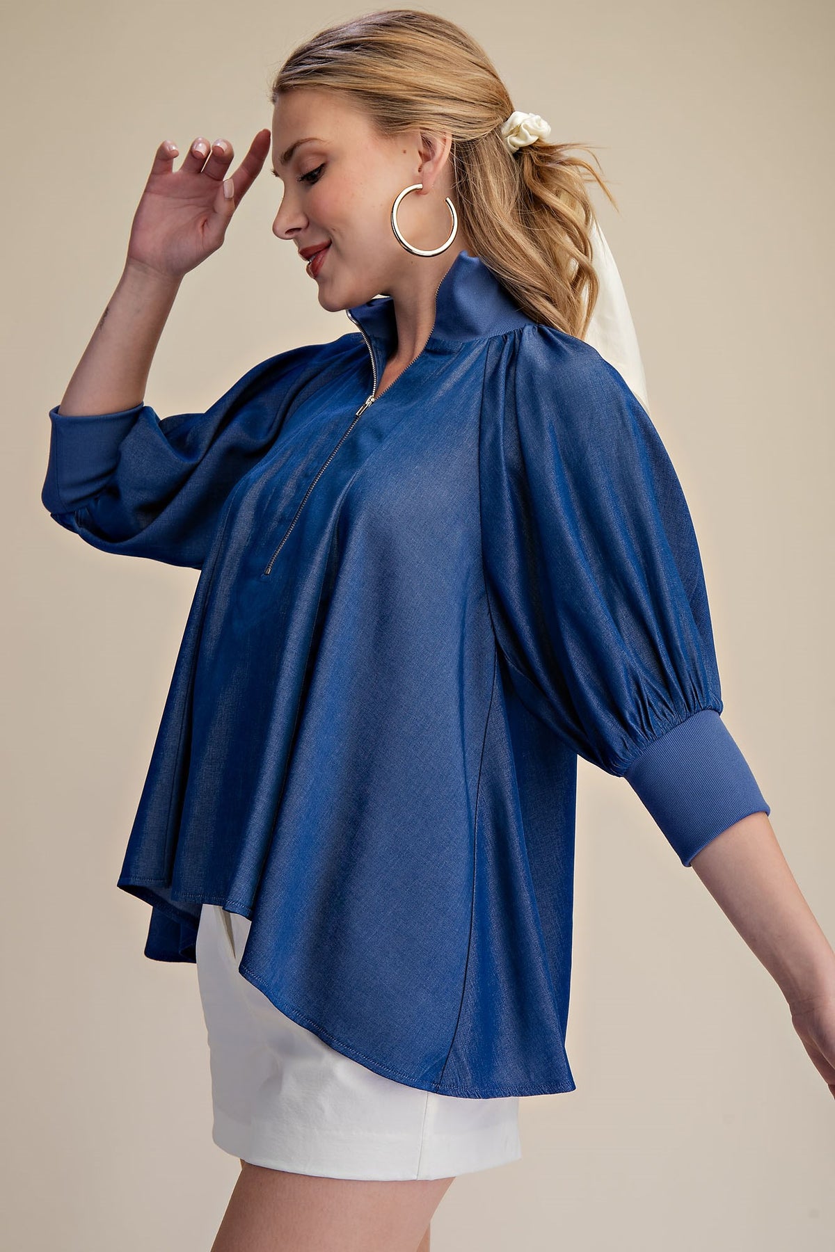 The Attic Boutique Indigo Half Zip Blouse  - The Attic Boutique