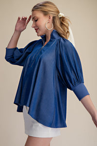 The Attic Boutique Indigo Half Zip Blouse  - The Attic Boutique