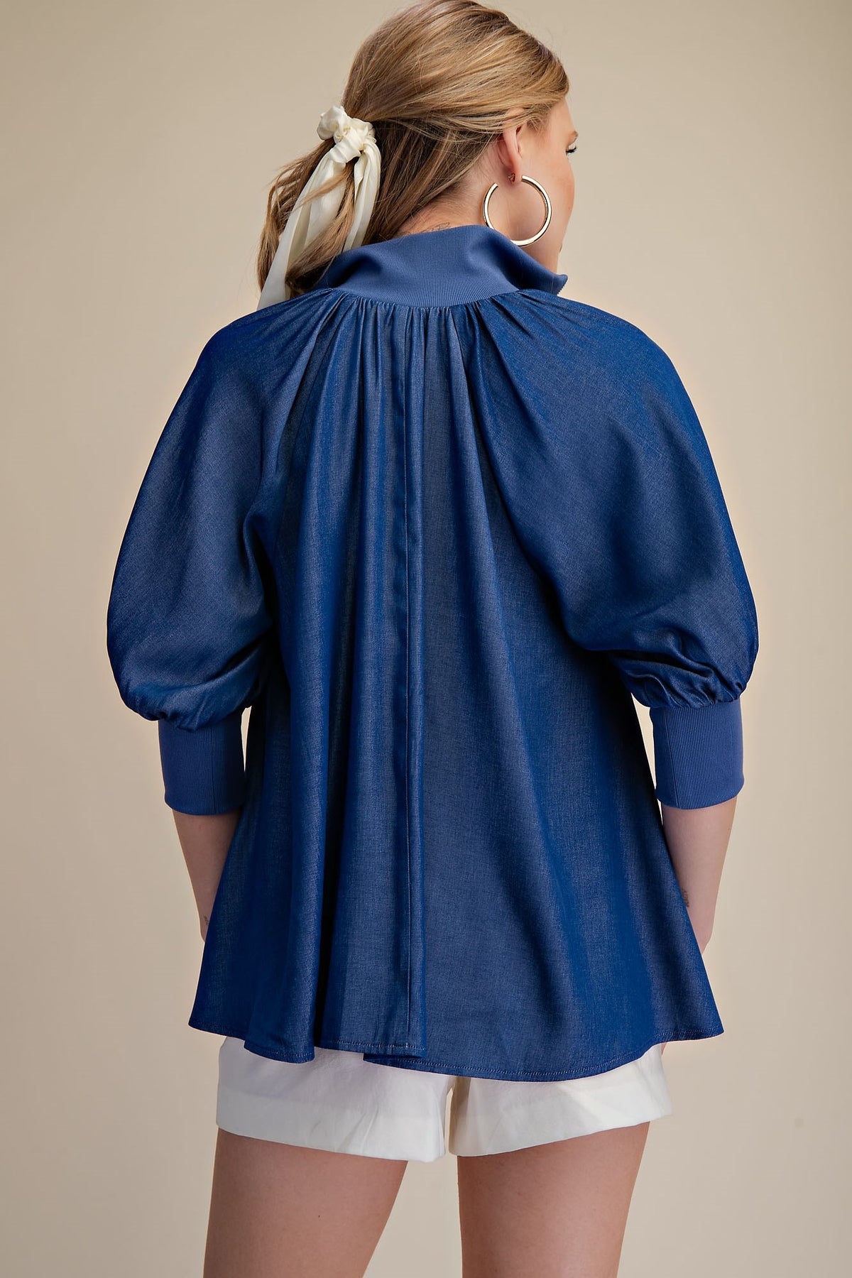 The Attic Boutique Indigo Half Zip Blouse  - The Attic Boutique