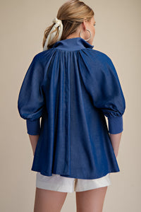 The Attic Boutique Indigo Half Zip Blouse  - The Attic Boutique