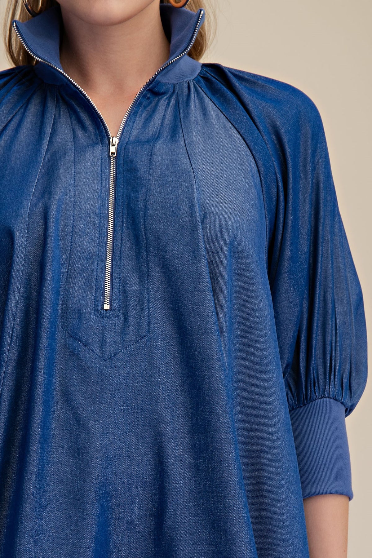 The Attic Boutique Indigo Half Zip Blouse  - The Attic Boutique