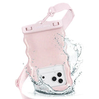 The Ballet Pink Twinkle Wavy Waterproof Floating Phone Pouch, shown with a smartphone inside and partially submerged in splashing water, highlights its protective and IP68 water-resistant floating case design.