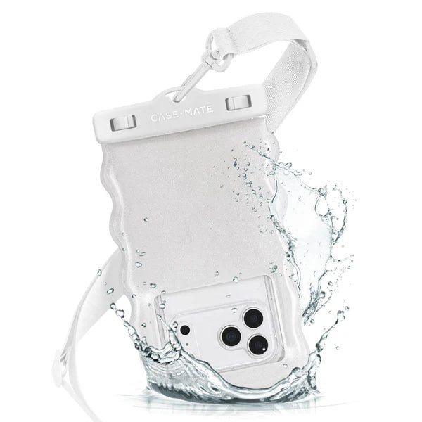 The Ivory Twinkle Wavy Waterproof Floating Phone Pouch with a white strap is shown partly underwater, holding a triple-camera smartphone inside its clear IP68-rated case as water splashes around it.
