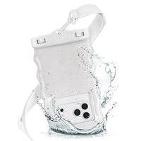 The Ivory Twinkle Wavy Waterproof Floating Phone Pouch with a white strap is shown partly underwater, holding a triple-camera smartphone inside its clear IP68-rated case as water splashes around it.