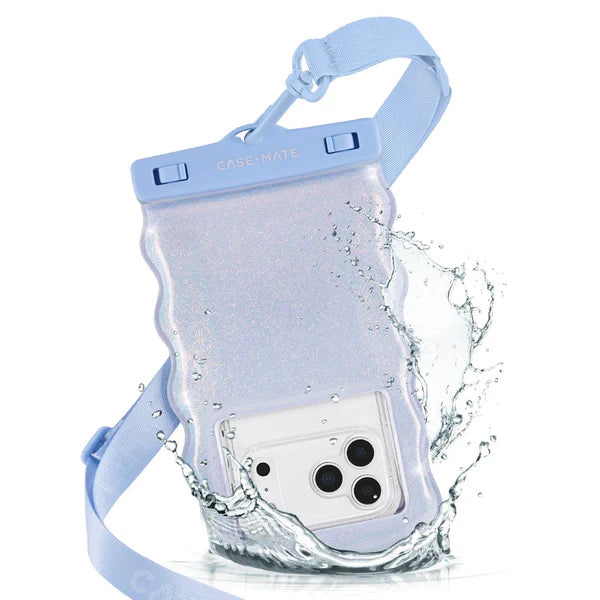 The Mist Twinkle Wavy Waterproof Floating Phone Pouch, featuring a sparkly translucent design and light blue strap, is splashed by water, showcasing its IP68-rated protection for your smartphone.