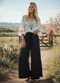 Black Linen Blend Palazzo Pants