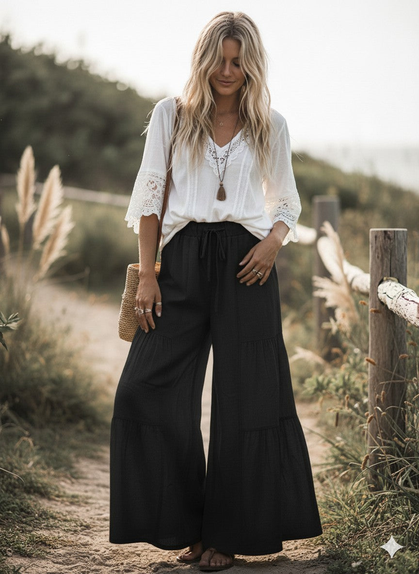 Black Linen Blend Palazzo Pants