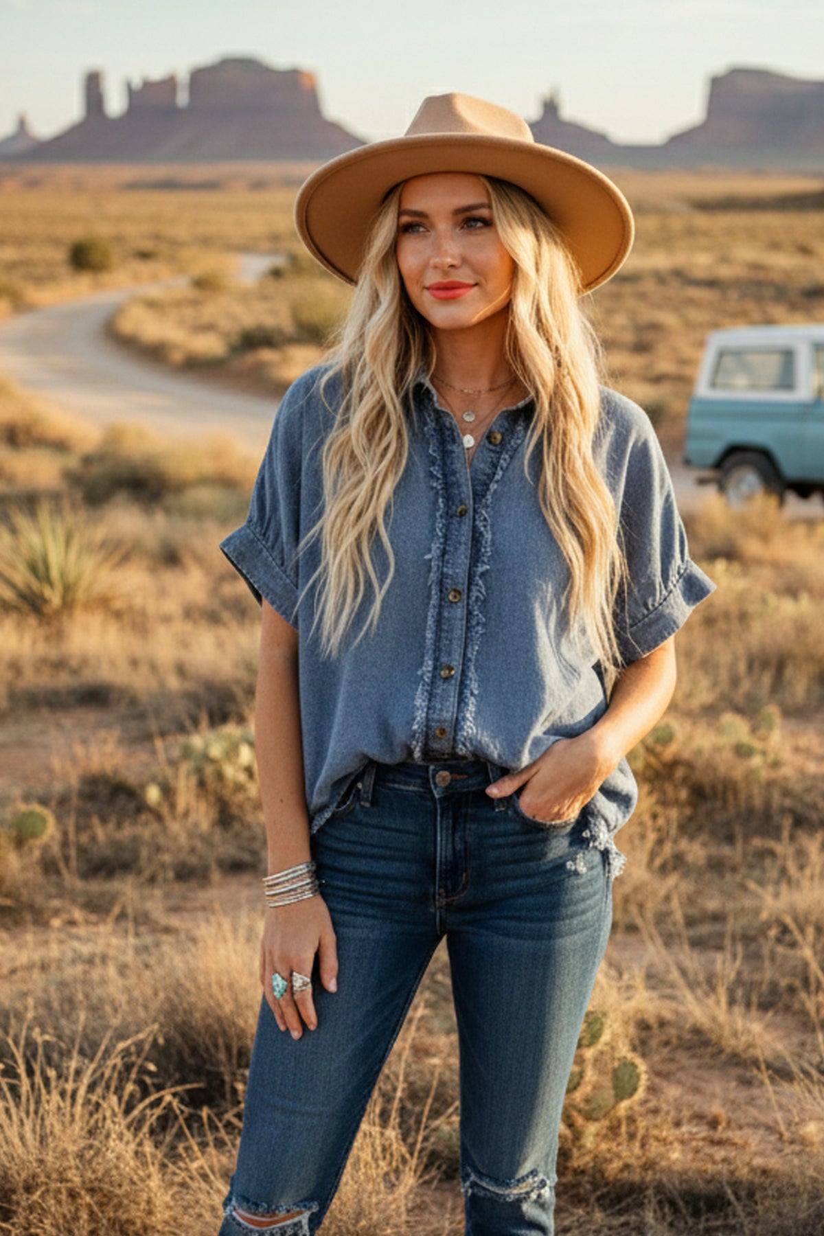 Dakota Frayed Denim Button Top