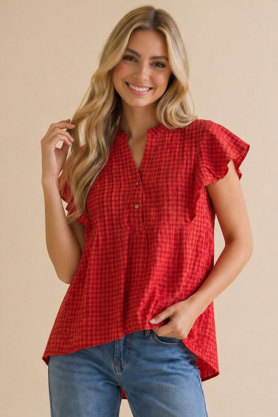 Red Button Down Pintuck Top