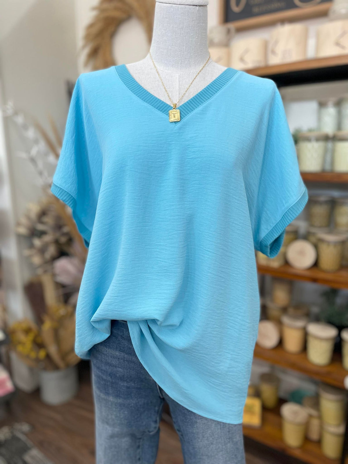 Ivy Jane / Uncle Frank Ivy Jane V-Neck Rib Trim Tee in Aqua Top - The Attic Boutique