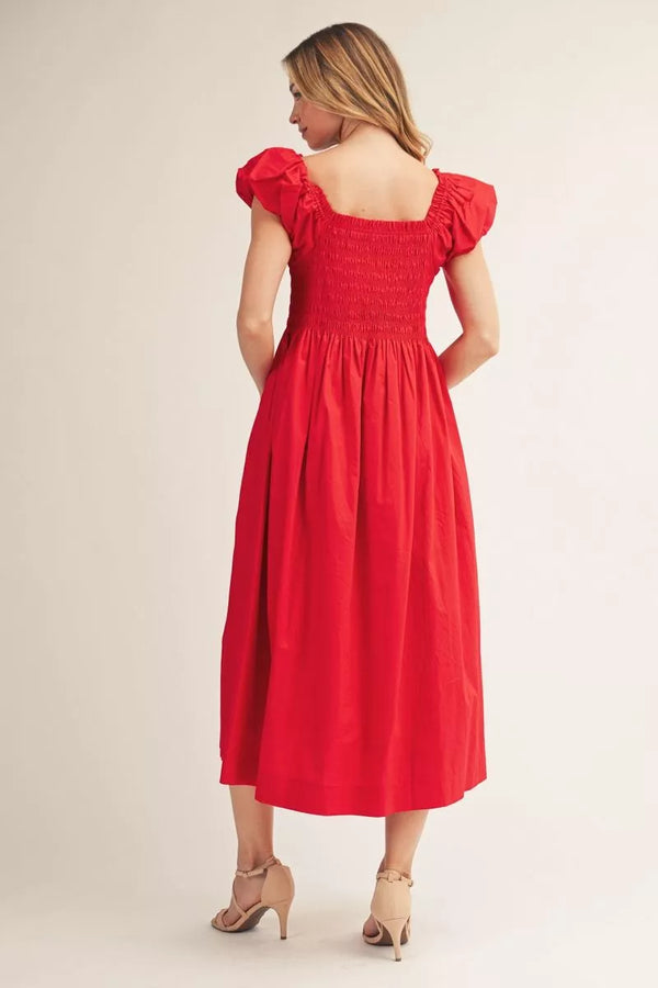 Jodifl Red Puffed Sleeve Midi Dress Apparel & Accessories - The Attic Boutique
