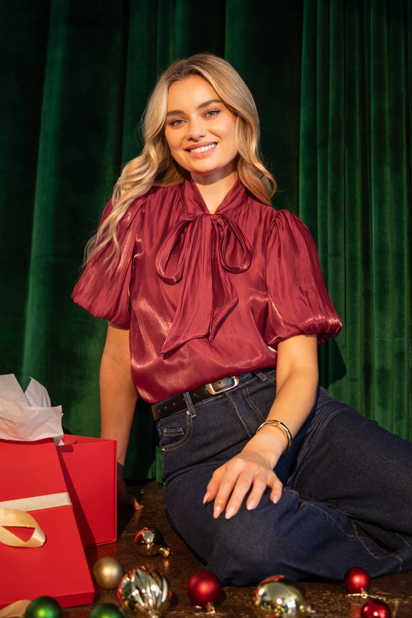 She + Sky Grace Red Bow Top  - The Attic Boutique