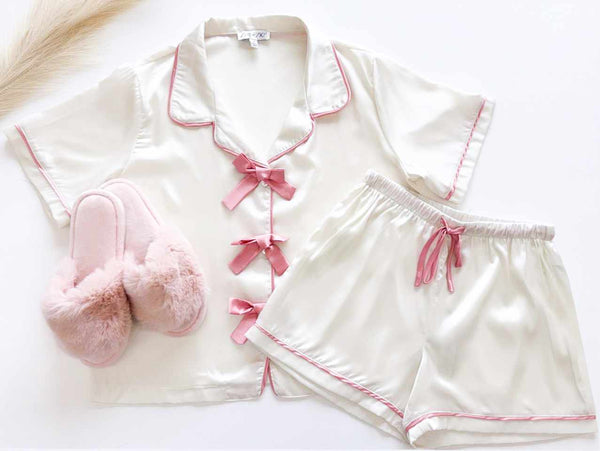 She + Sky Cream Satin Bow Pajama Set Clothing - The Attic Boutique