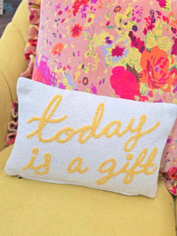 CCOI Embroidered Cotton Lumbar Pillow "Today is a Gift" Pillows - The Attic Boutique