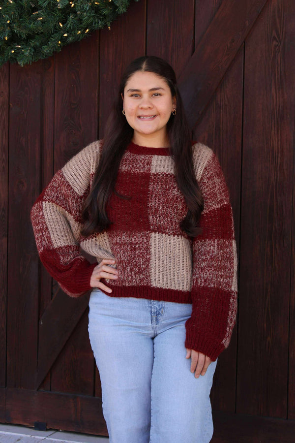 Blu Pepper Plaid Burgundy Sweater  - The Attic Boutique