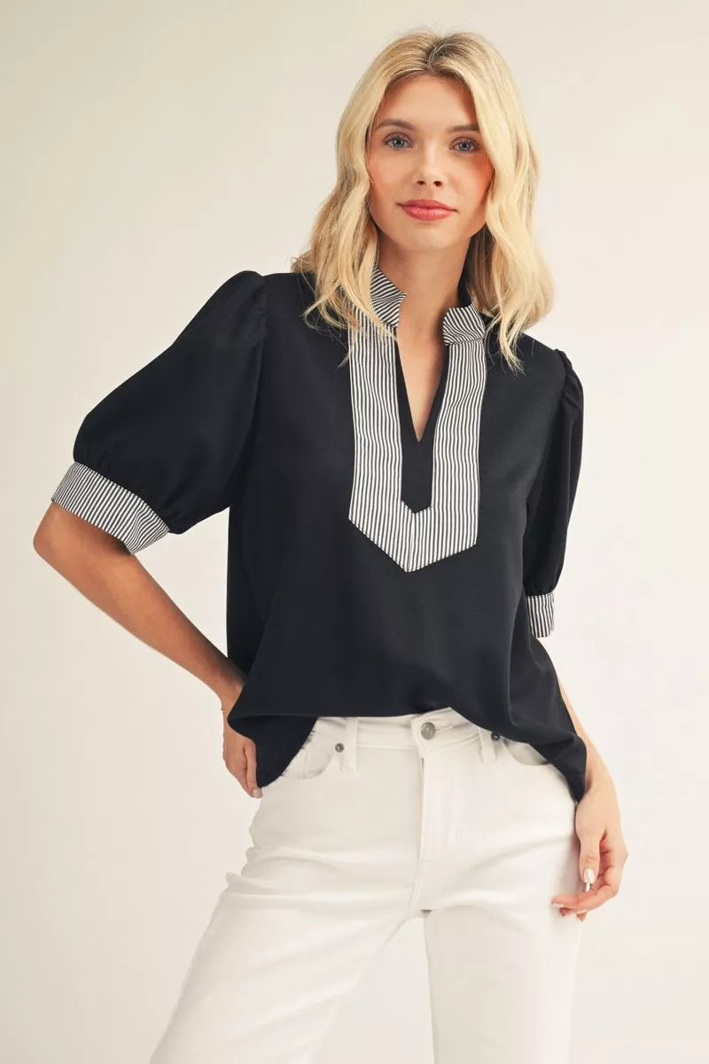 Emery Black Stripe Trim Top
