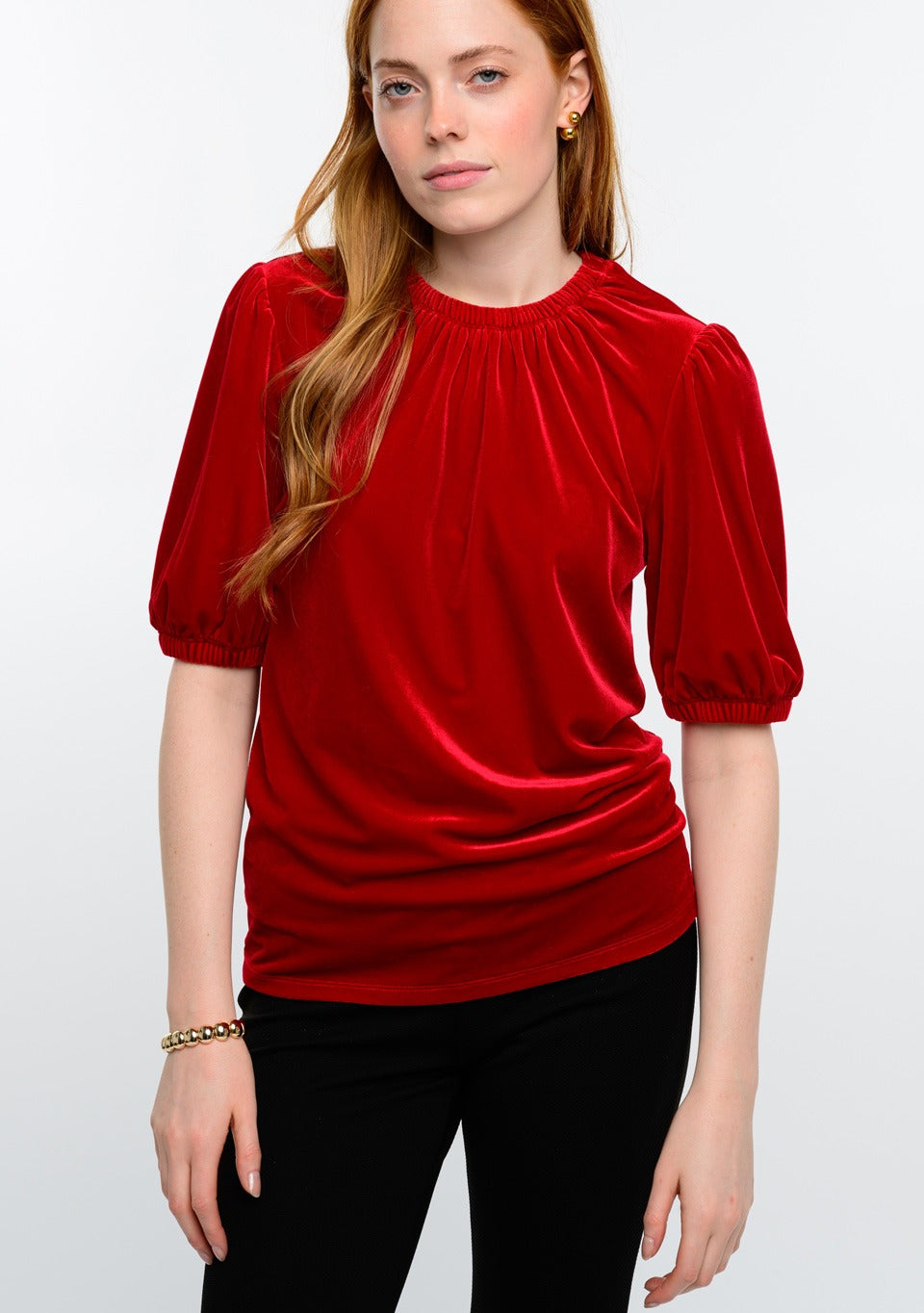 Ivy Jane / Uncle Frank Velvet Rouched Neck Top in Red Top - The Attic Boutique