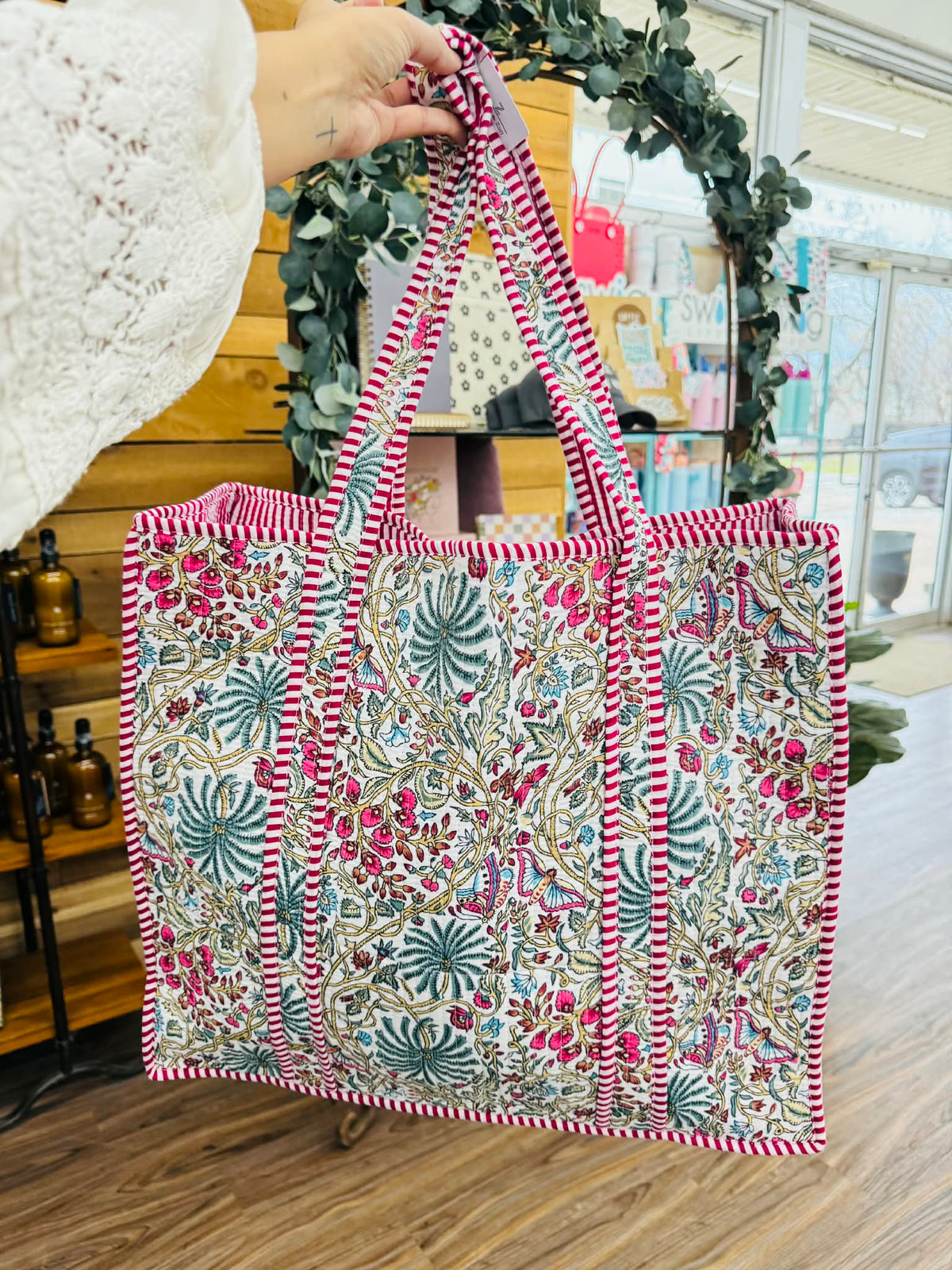 The Attic Boutique White Floral Quilt Tote Bag  - The Attic Boutique