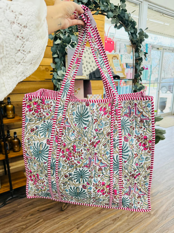 The Attic Boutique White Floral Quilt Tote Bag  - The Attic Boutique