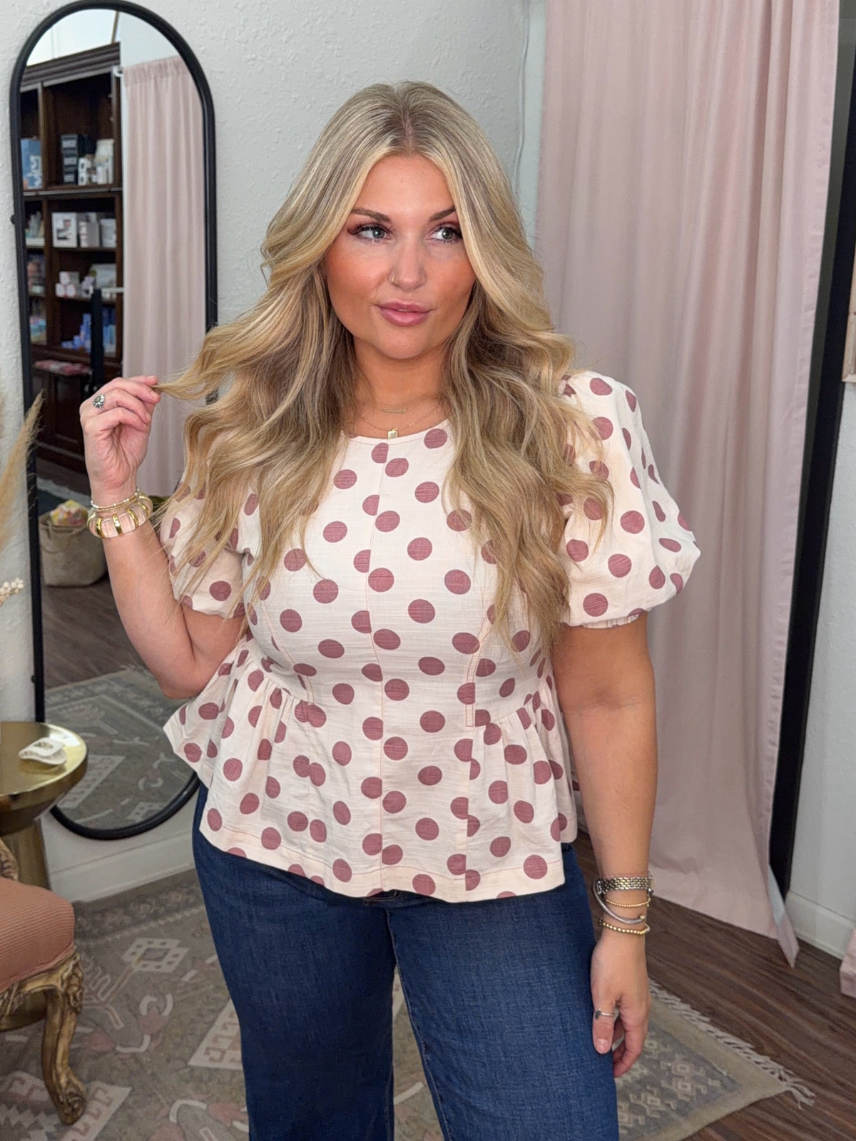 Pink Polka Dot Puff Sleeve Top