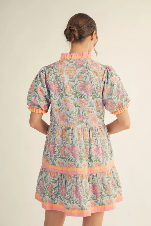Sky Blue Tiered Floral Babydoll Dress