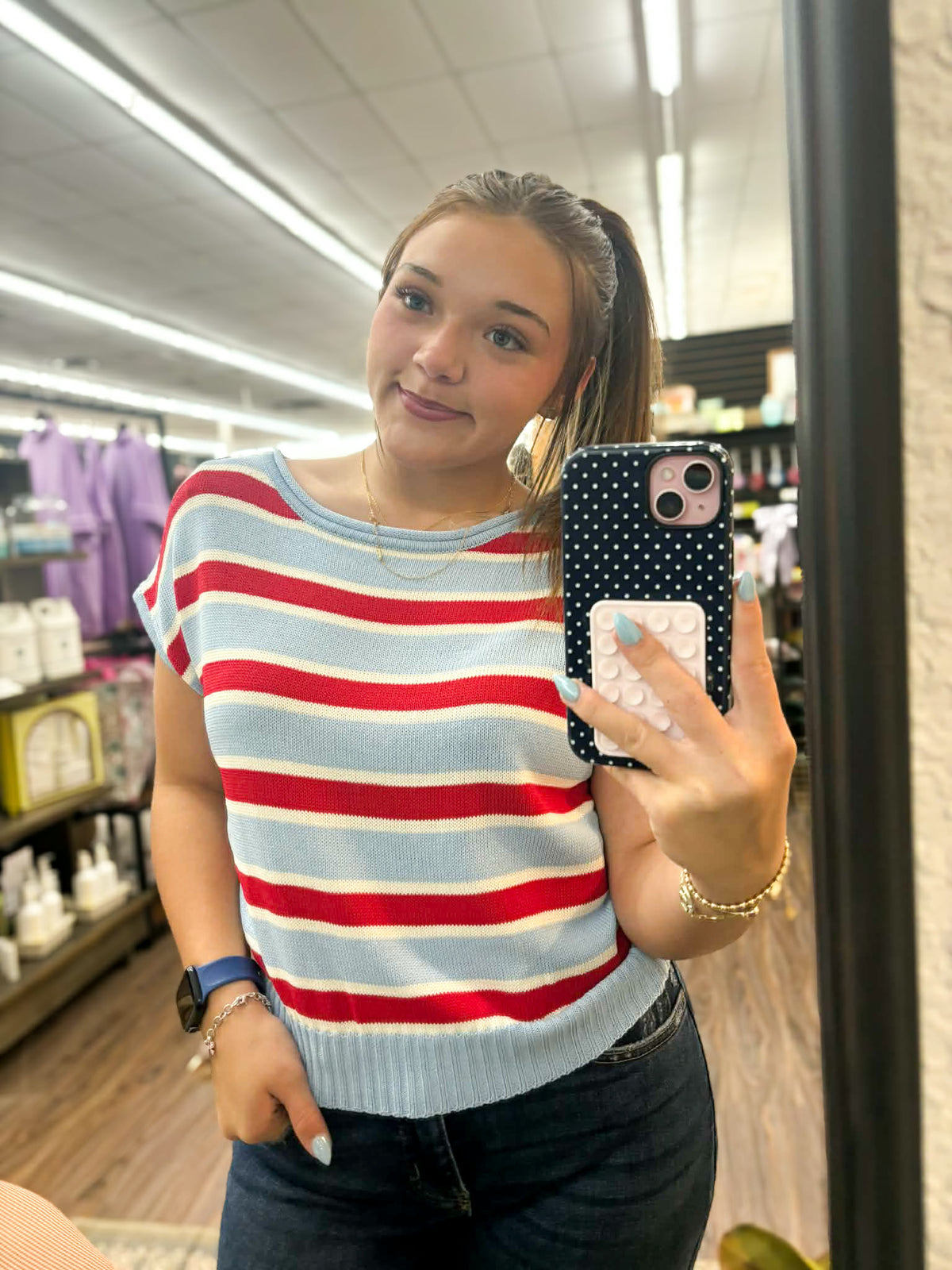 Blue and Red Knit Top
