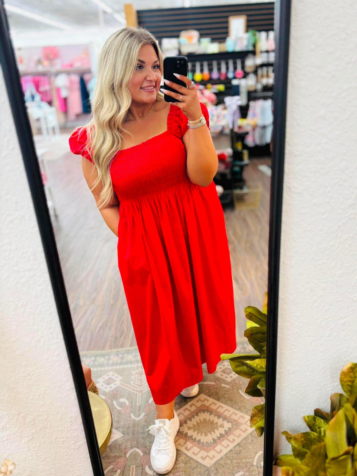 Red Puffed Sleeve Midi Dress