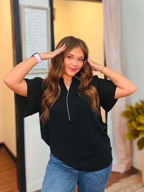 Black Embroidered Scallop Top