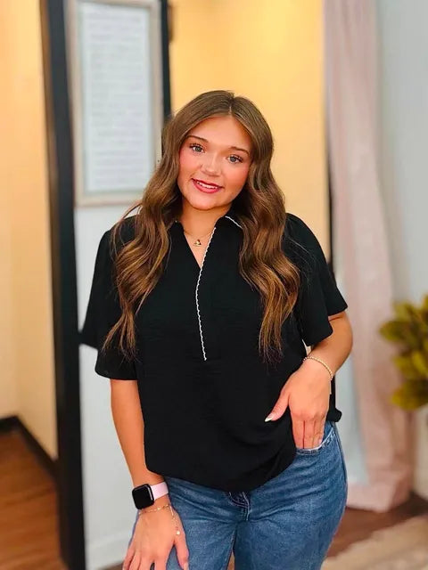 Black Embroidered Scallop Top