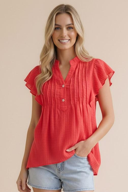 The Attic Boutique Red Button Down Pintuck Top Apparel & Accessories - The Attic Boutique