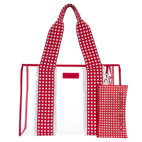 The Cherry Gingham Jelly Tote Bag w/ Phone Pouch features thick red and white gingham straps, clear waterproof design, and includes a matching removable zip pouch—perfect for summer travel.