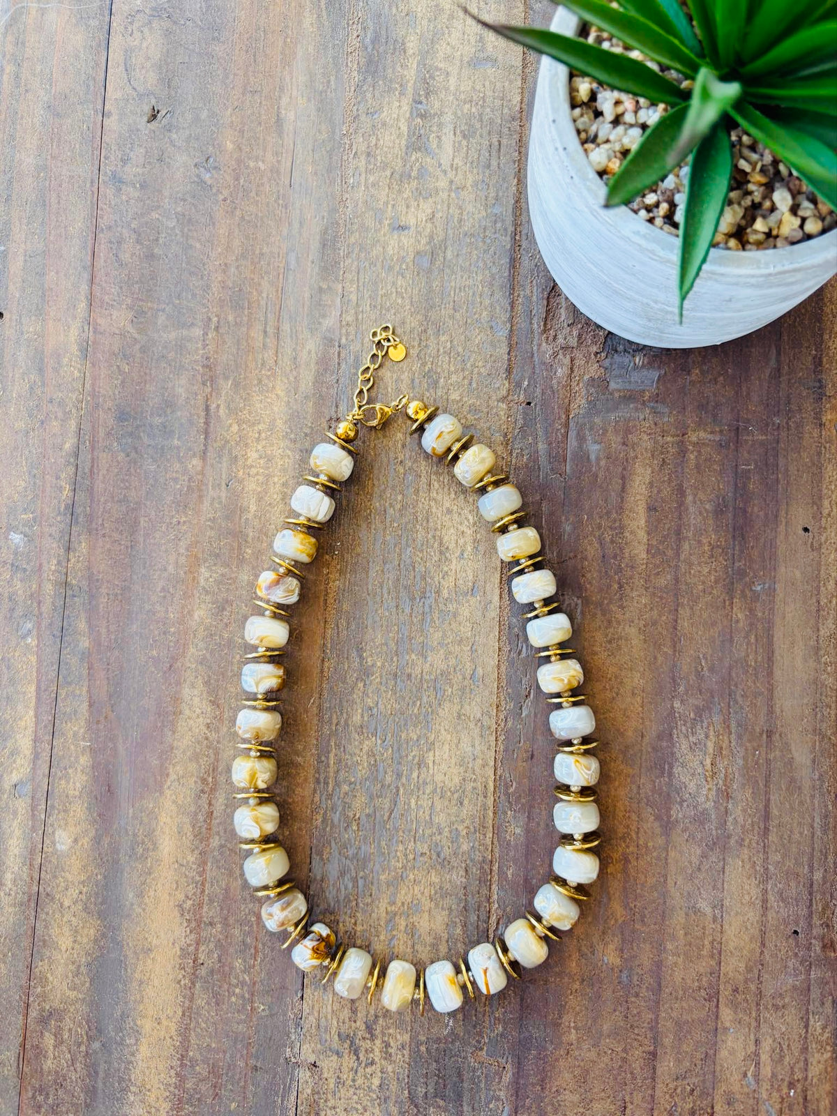 Gold & Ivory Marble Beaded Necklace