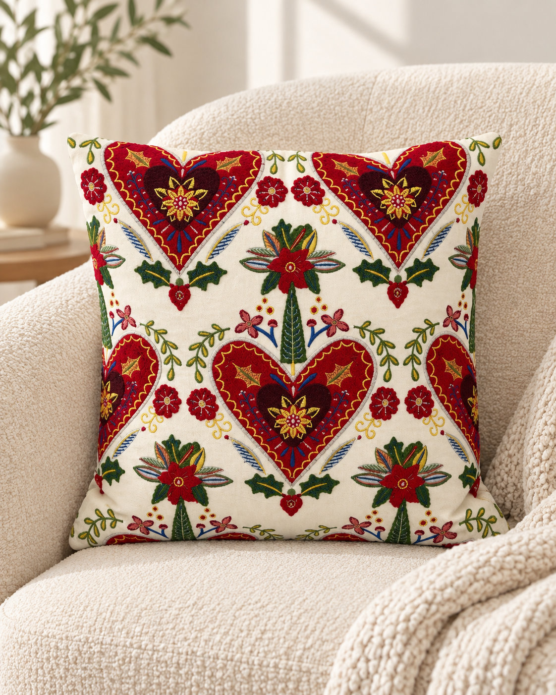 Cotton Velvet Printed Pillow w/hearts