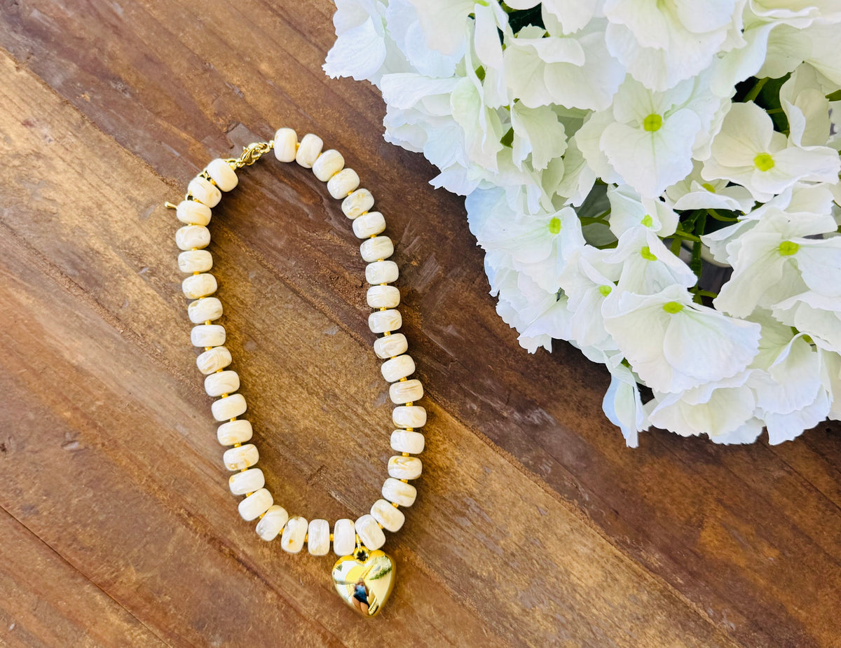 Mabel Beige Beaded Heart Necklace