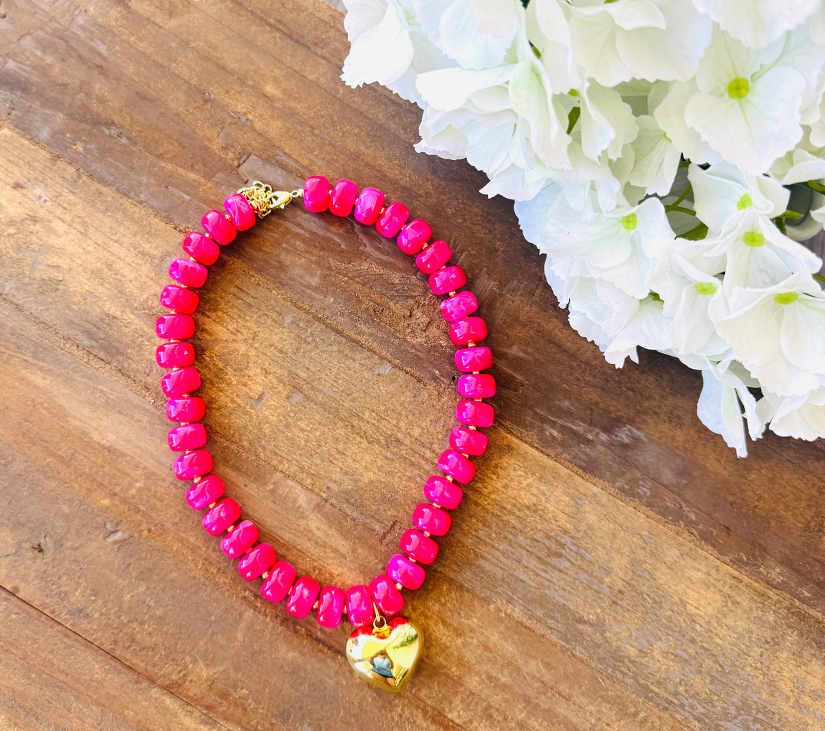 Rosie Dark Pink Beaded Heart Necklace