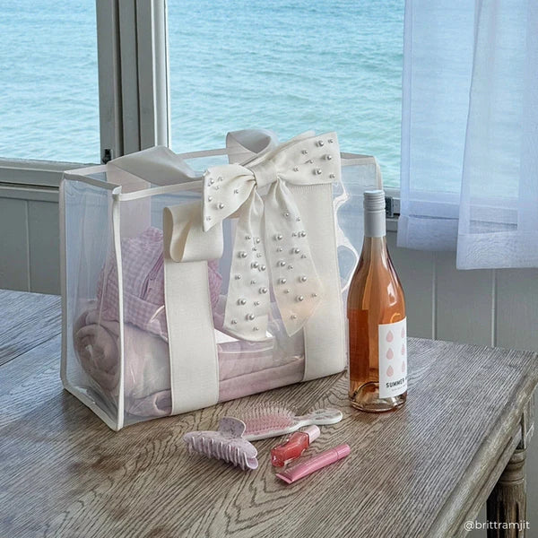 The Attic Boutique Ivory Pearl Bow Jelly Tote Bag W/ Phone Pouch Bags - The Attic Boutique