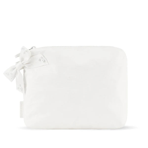 The Attic Boutique Ivory Pearl Bow Crinkle Makeup Bag Bags - The Attic Boutique