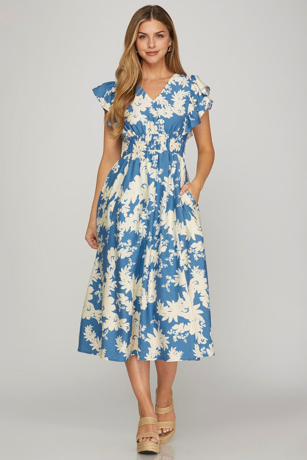She + Sky Blue Floral Midi Dress  - The Attic Boutique