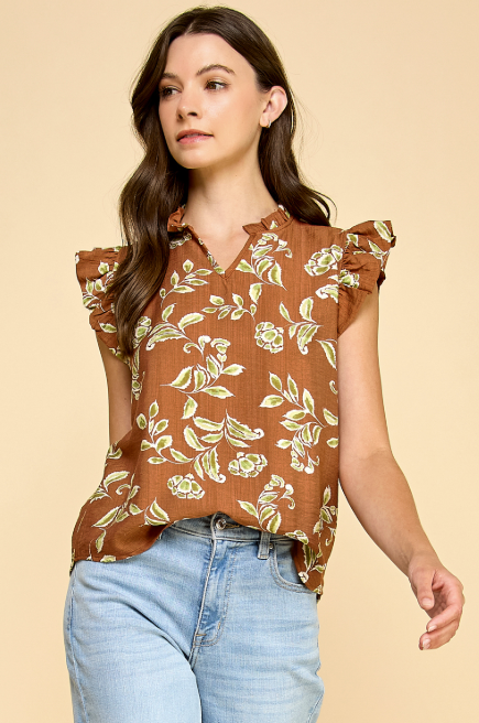 The Attic Boutique Brown Ruffle Sleeve Top  - The Attic Boutique