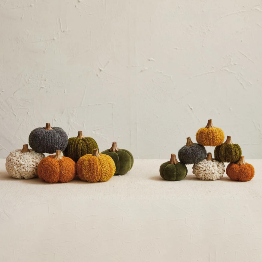 The Attic Boutique Cotton Blend Bouclé/Velvet Pumpkin w/ Wood Stem | Large  - The Attic Boutique
