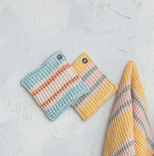 Woven Cotton Waffle Weave Pot Holder w/ Stripes & Metal Grommet