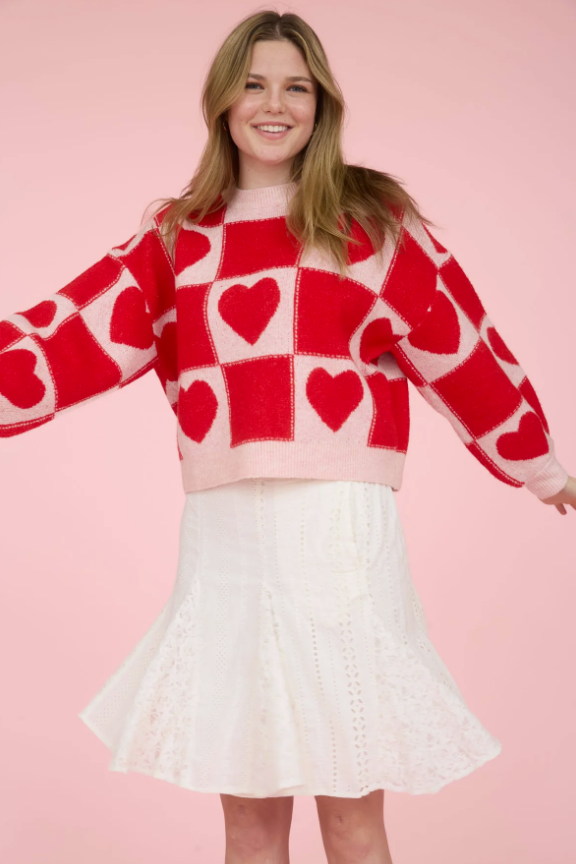 Blu Pepper Checkered Heart Sweater  - The Attic Boutique